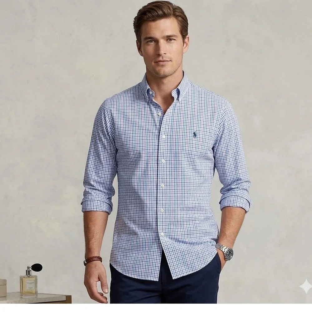 Polo Ralph Lauren Mens 2XB Big Tattersall Check Cotton Button‎ Down Shirt Blue